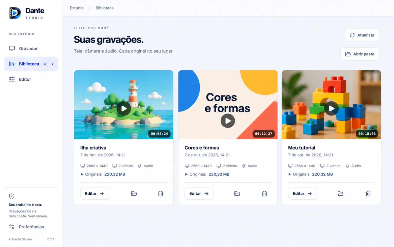 Biblioteca Dante Studio com três sessões fictícias de tutoriais e seus controles de edição.