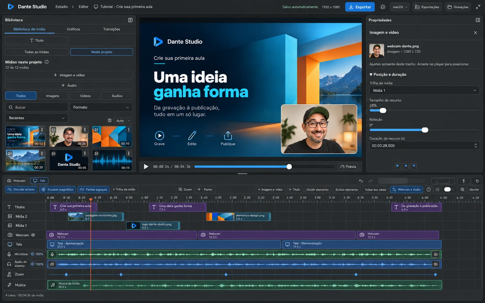 Ilustração do editor Mac em modo escuro: biblioteca à esquerda, aula fictícia e webcam de Dante no centro, propriedades à direita e timeline abaixo.
