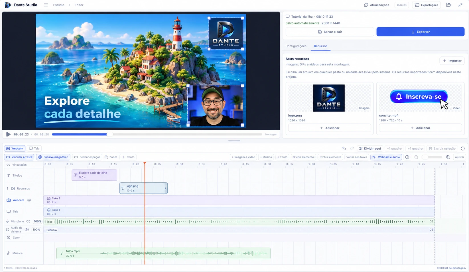 Editor Mac com player à esquerda, painel Recursos à direita, Dante na webcam e trilhas independentes.