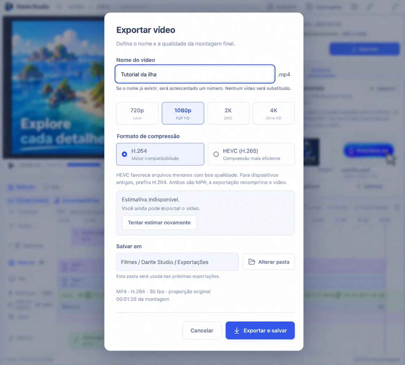 Diálogo de exportação no Mac com nome demonstrativo, resolução, H.264 e HEVC e pasta de destino.
