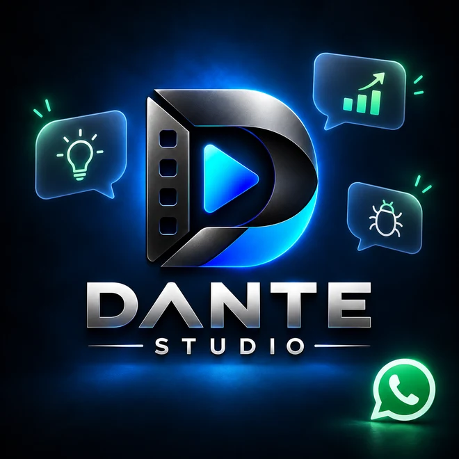 Arte do grupo de usuários com o logo Dante Studio, balões de conversa e símbolos de ideias, melhorias e bugs