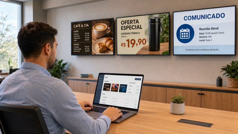 Software de sinalização digital controlando três telas corporativas