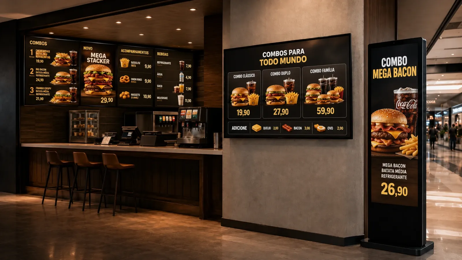 Sinalização digital DS Fácil em telas de um restaurante