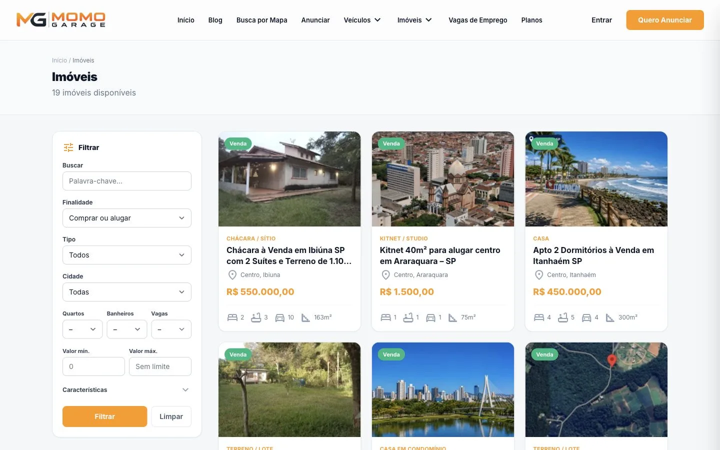 Página real de imóveis do Momo Garage criada com o ecossistema GuiaWP