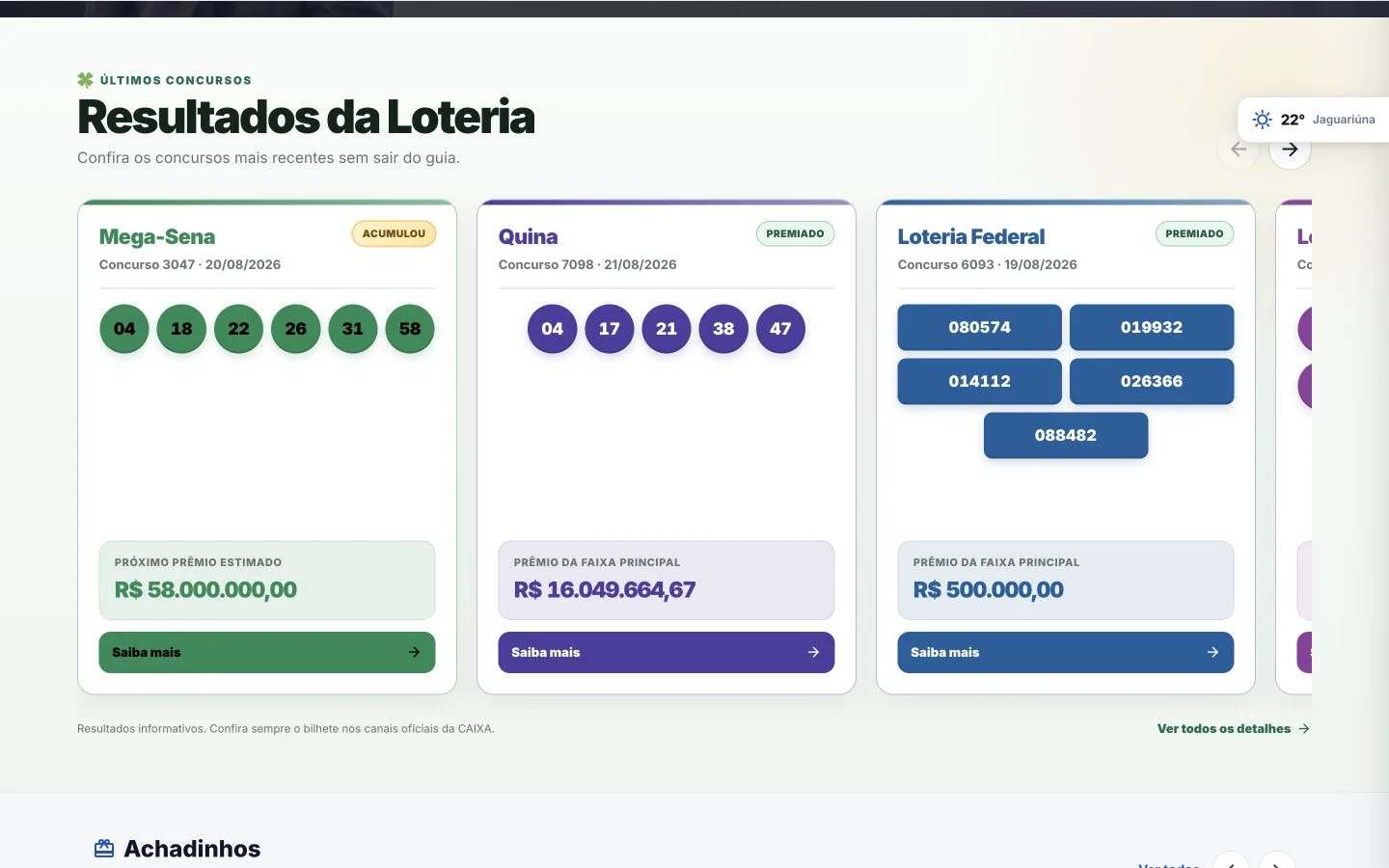 Carrossel real de resultados da loteria na página inicial do GuiaWP
