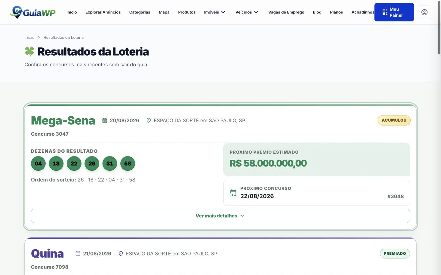 Página real com os resultados completos da loteria no GuiaWP