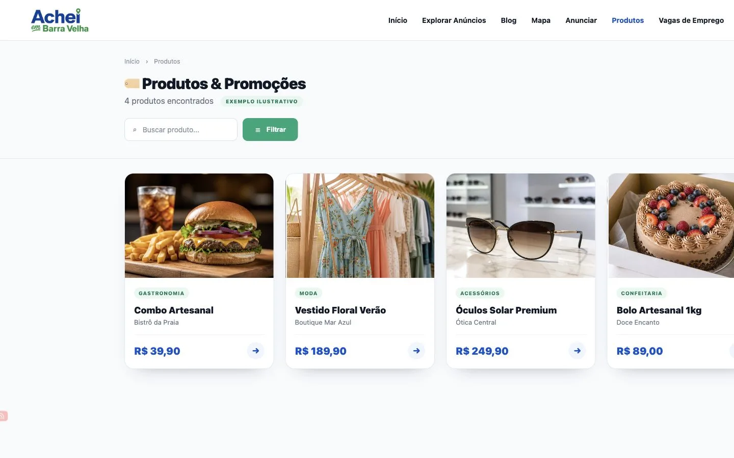 Vitrine ilustrativa de produtos e promoções na interface do Achei em Barra Velha