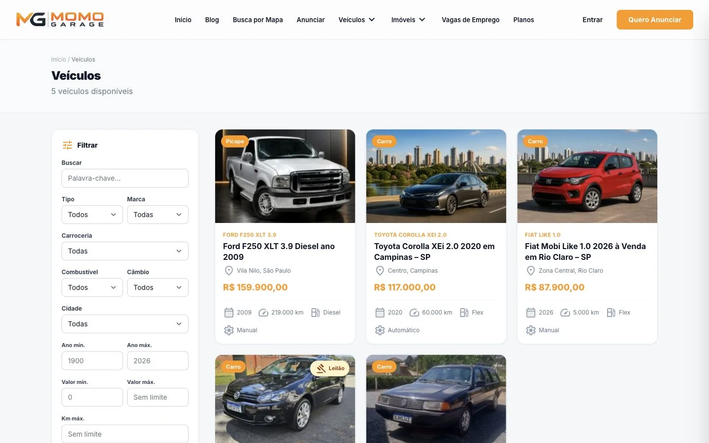 Página real de veículos do Momo Garage criada com o ecossistema GuiaWP