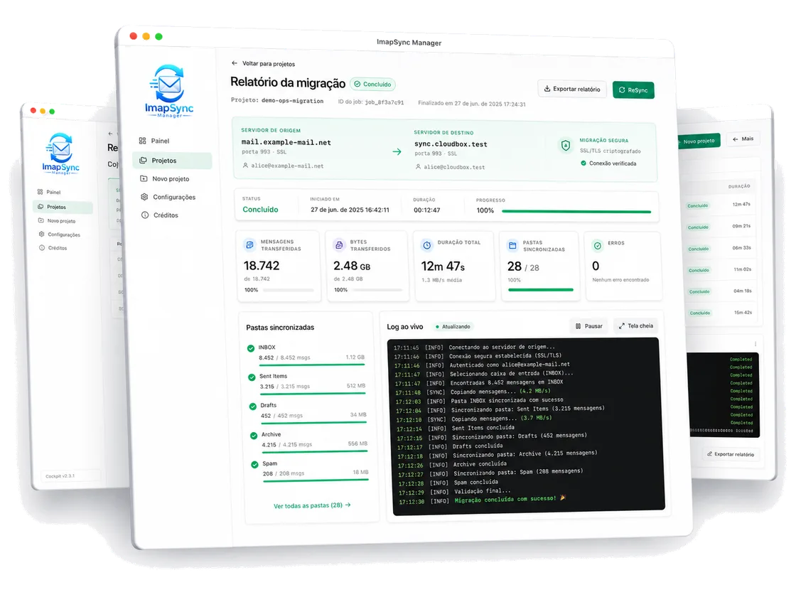 Completed migration report with live log