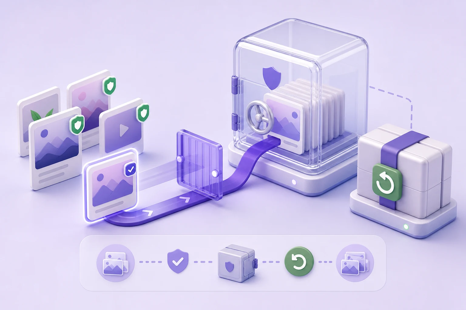 Ilustração do fluxo de quarentena, backup e restauração de mídias