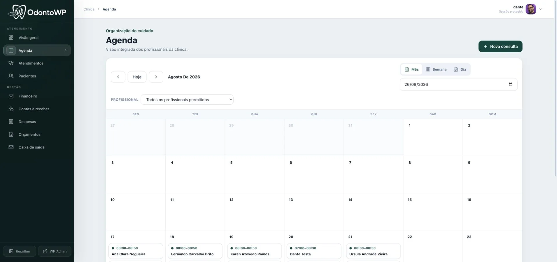 Agenda multiprofissional do OdontoWP