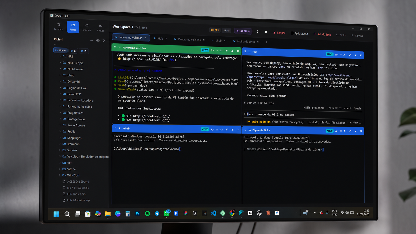 Dante CLI no Windows 11 com quatro terminais em split 2x2, árvore de projetos à esquerda e indicadores de CPU, memória e consumo de tokens no topo