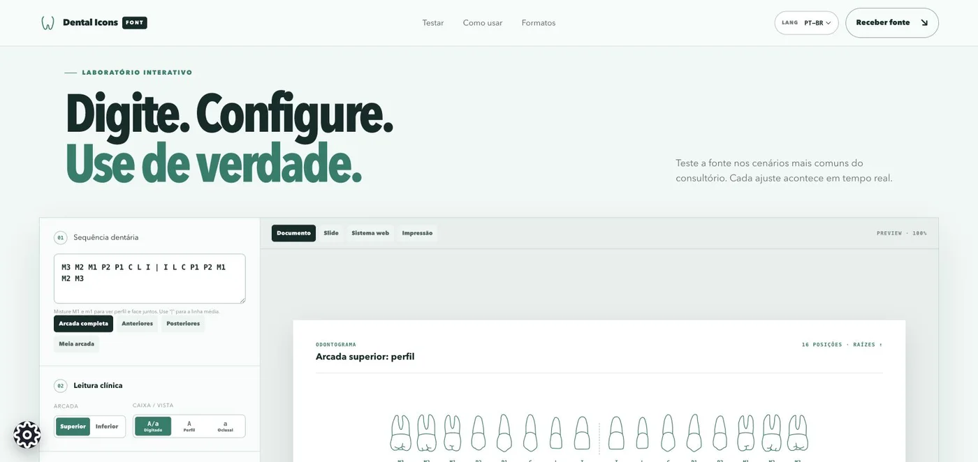 Laboratório interativo da Dental Icons Font mostrando um odontograma de arcada superior