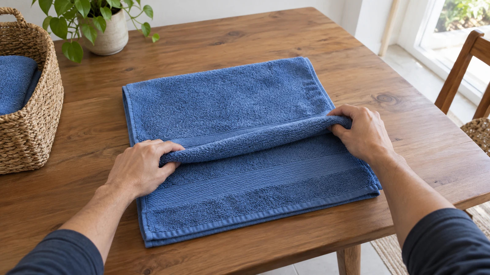 Gravação em primeira pessoa mostrando duas mãos dobrando uma toalha sobre uma mesa.