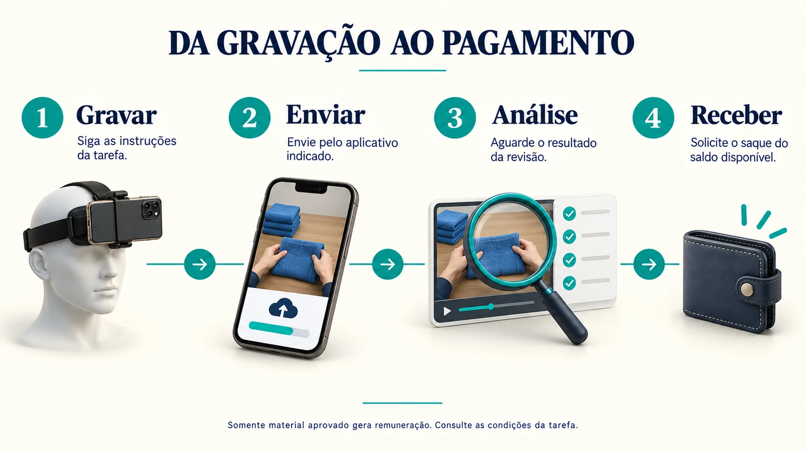 Sequência ilustrativa das etapas: gravar, enviar, passar por análise e receber quando aprovado.