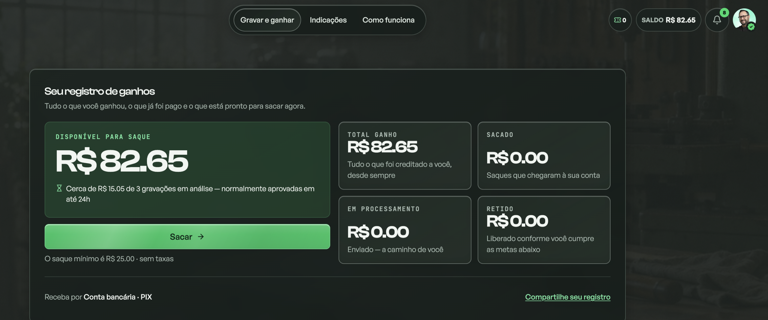 Captura real da conta de Dante Testa com R$ 82,65 disponíveis para saque e R$ 0,00 sacados.